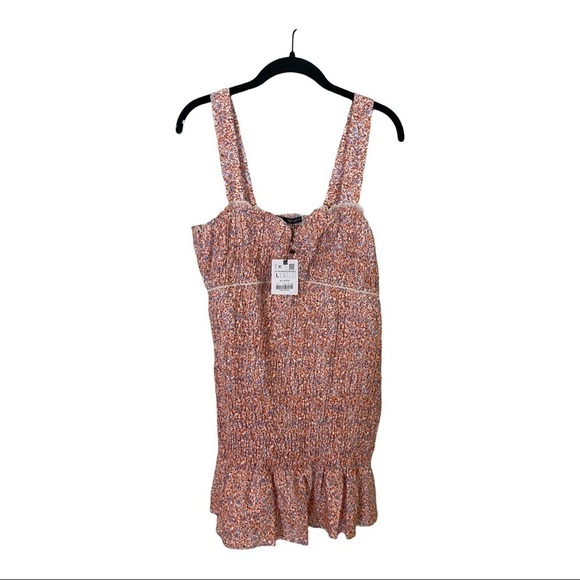 NWT ZARA Orange Floral Smocked Ruffle Bodycon Mini Dress Size Large Blogger Fave - Picture 6 of 9